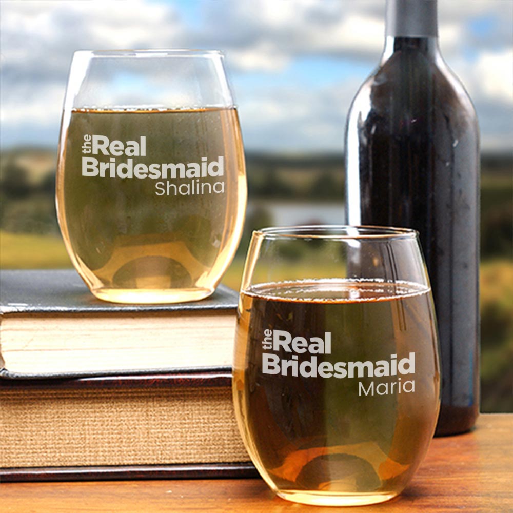 The Real Bridesmaid Personalized Stemless Wine Glass Set of 2