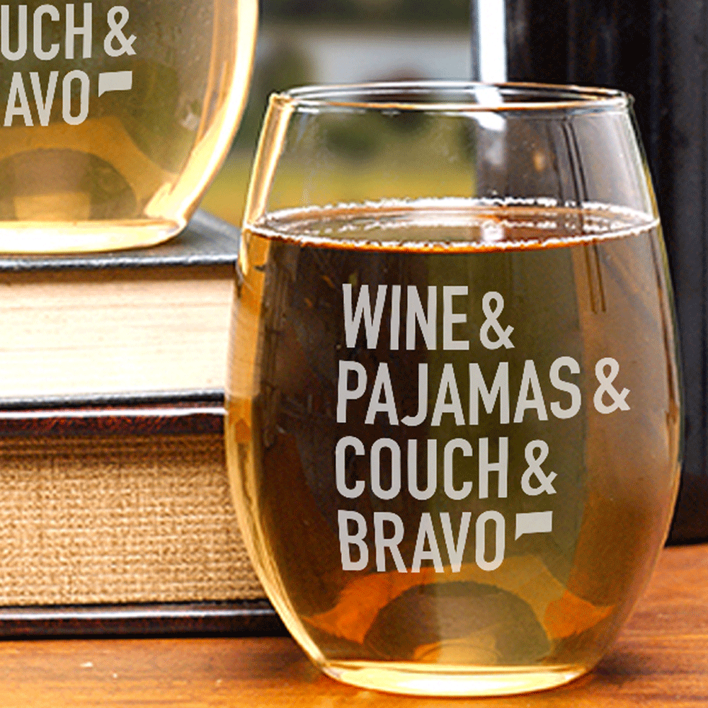 Wine & Pajamas & Couch & Bravo Stemless Wine Glasses - Set of 2