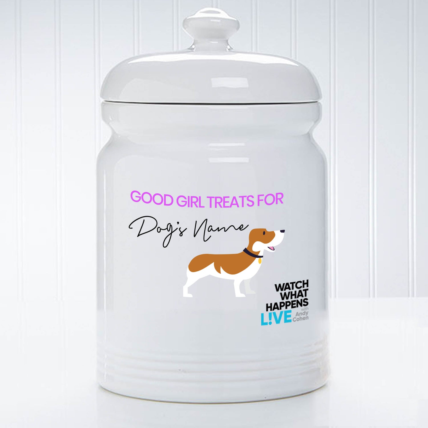 Watch What Happens Live Personalized Pink Dog Treat Jar